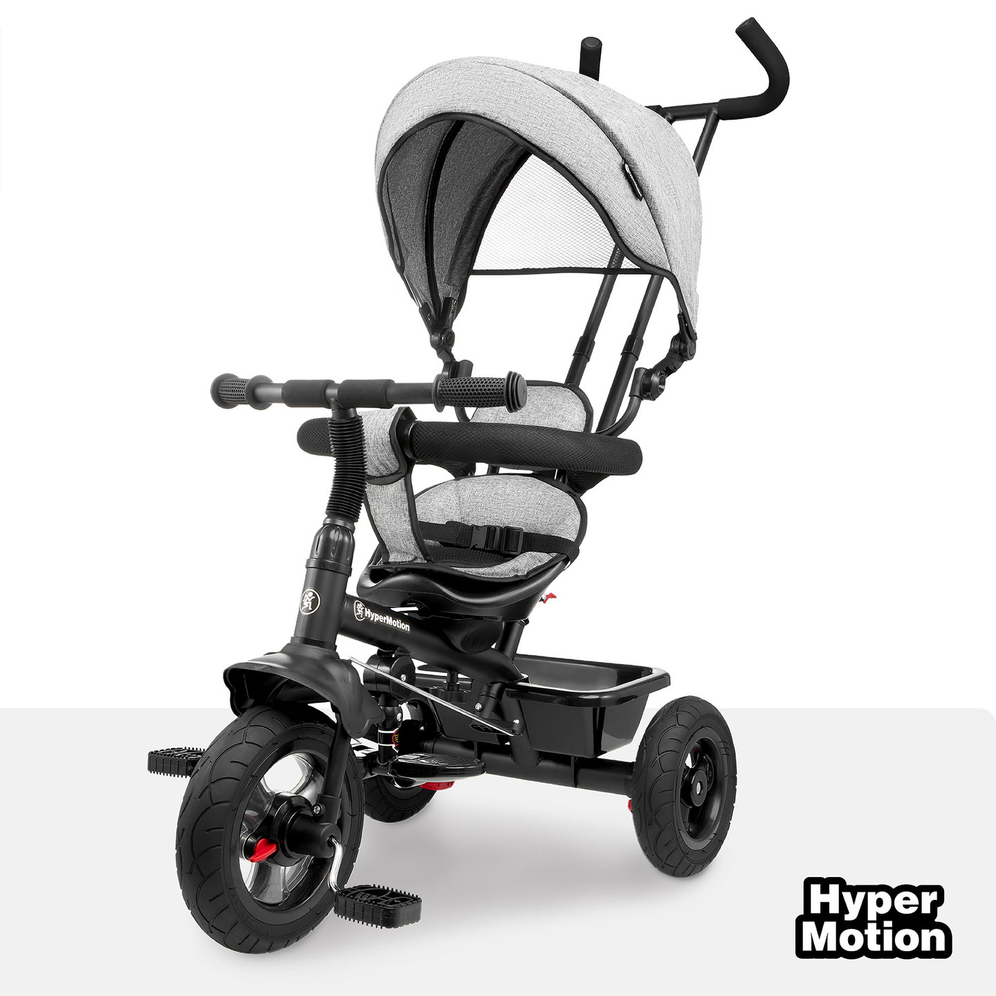 Háromkerekű gyerekeknek 1-4 éves korig - TOBI FREY - szürke színű - forgatható - pumpás kerekek + tolóerő