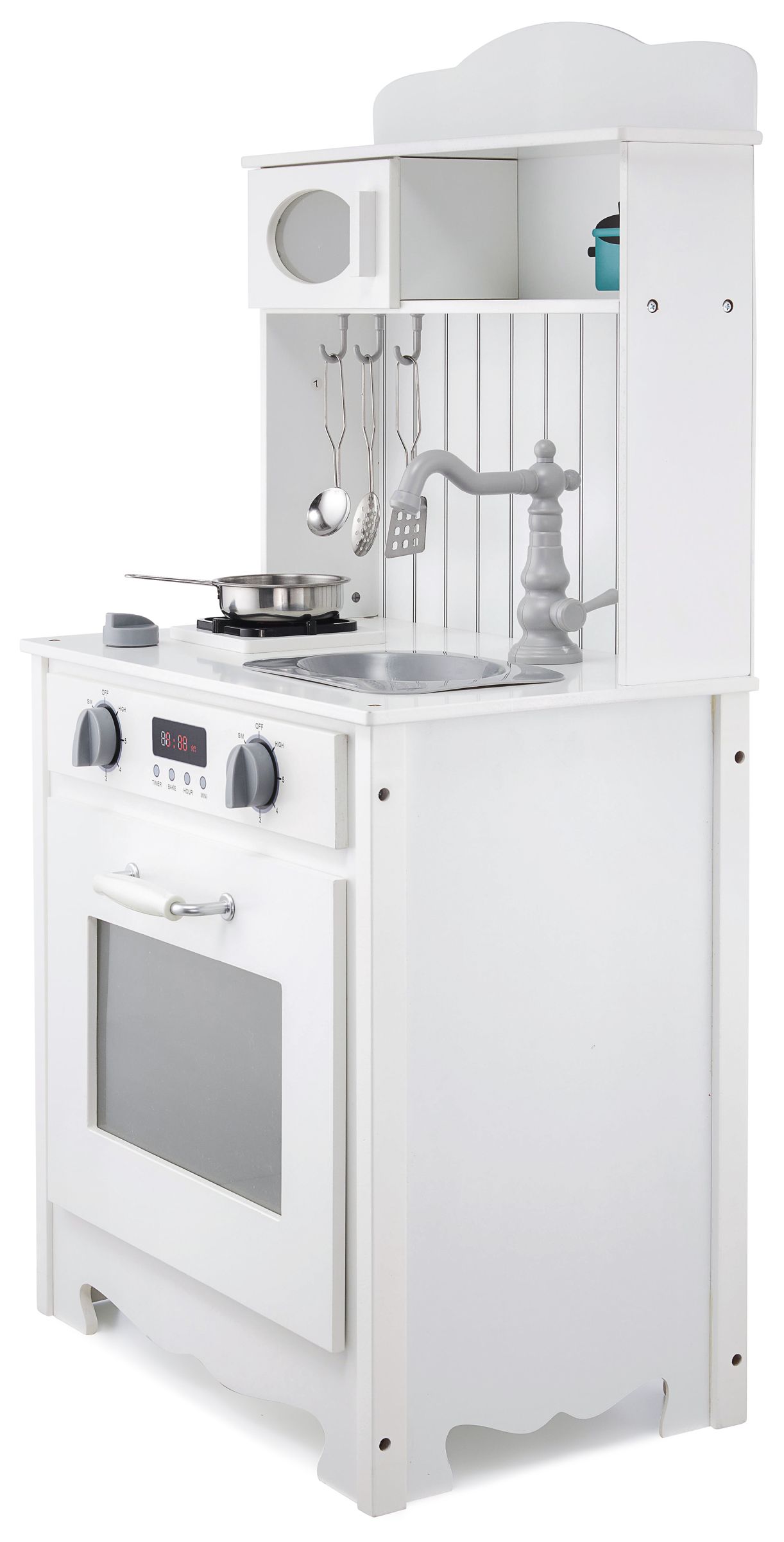 Fehér fa konyha köténnyel, kiegészítőkkel és LED lámpával