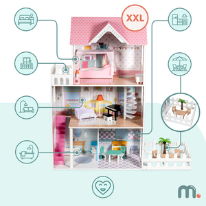 XXL Legnagyobb fából készült babaház - 123 cm - LED világítással - terasz, kiegészítők, kert