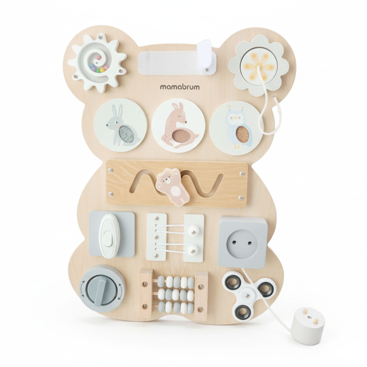 Montessori fa plüssmackó manipulatív tábla - szenzoros önállóság tanulás: tépőzár, dugó, labirintus, kattintógomb