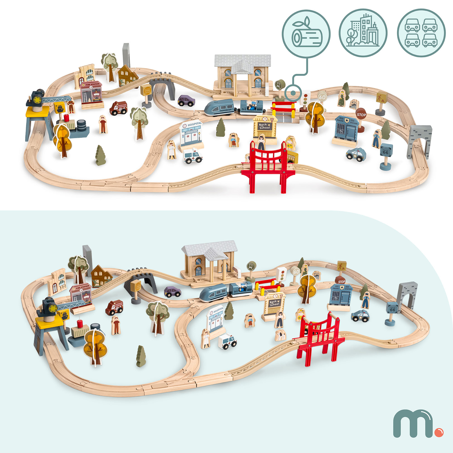 Fából készült városi vasút elektromos vonattal - mozgó daru, hajó, hidak