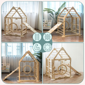 Fedett játszótér gyerekeknek - egy ház létrákkal és csúszdával