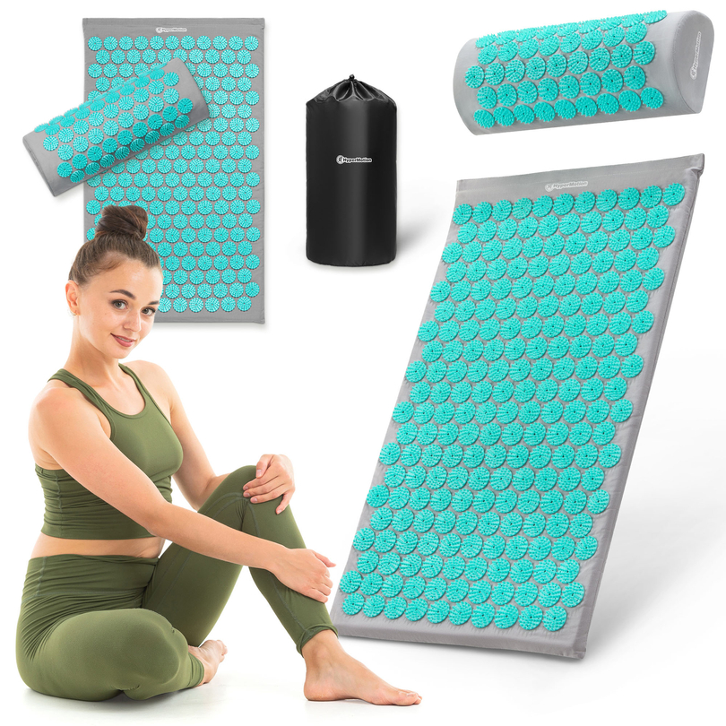 Akupresszúrás szőnyeg párnával és huzattal - 72 cm HyperMotion szürke-menta