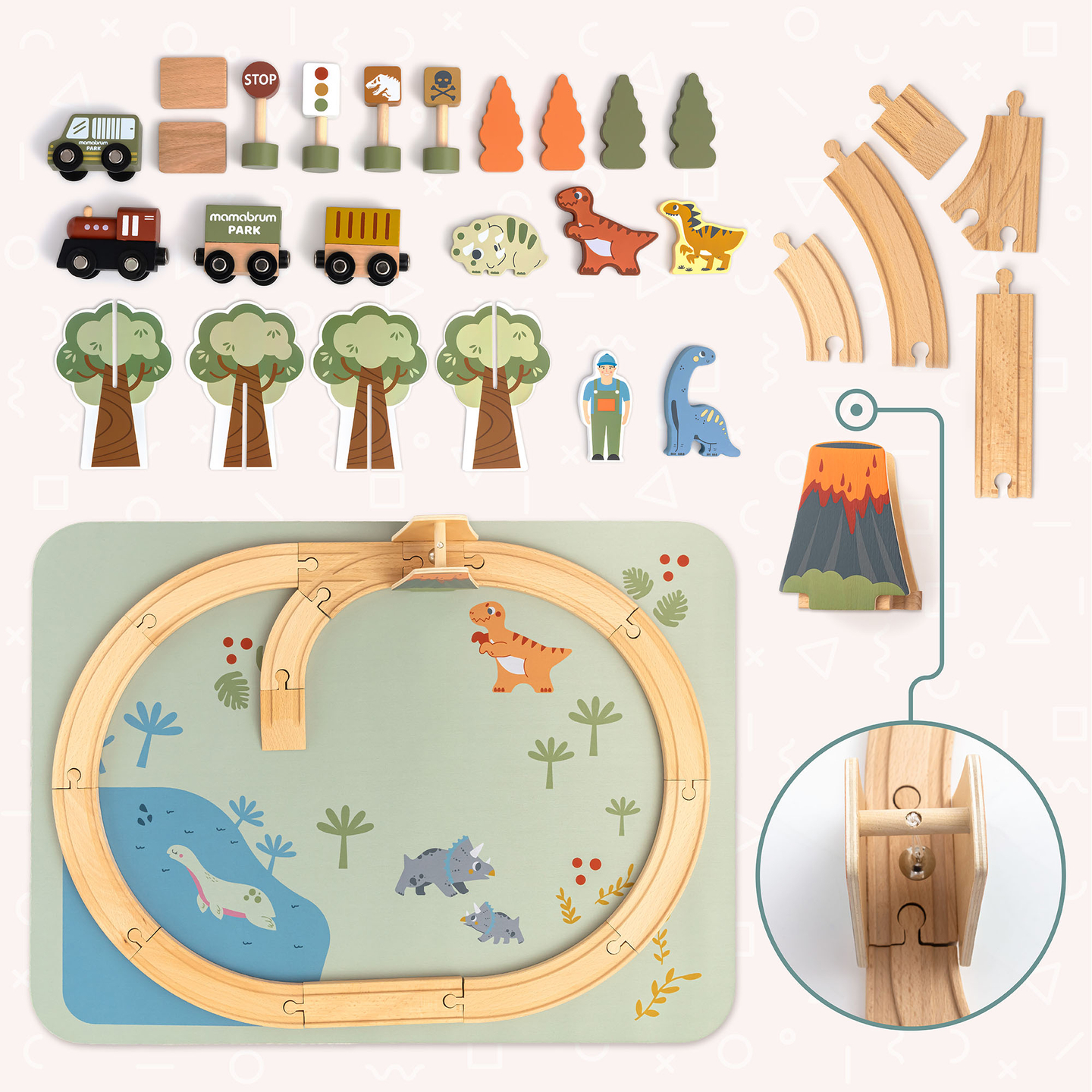 Dino Park fa vonat csúszásgátló szőnyeggel - dinoszauruszok, vonat, sínek, vulkán, harang