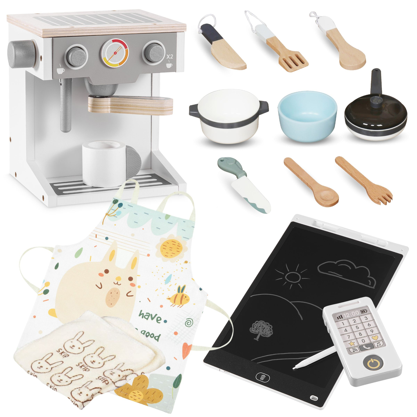 XXXXL nagy, fából készült interaktív konyha LED világítással, mosógép mikrohullámú kávéfőzővel, zöldség- és gyümölcskészlettel - 50 elemmel