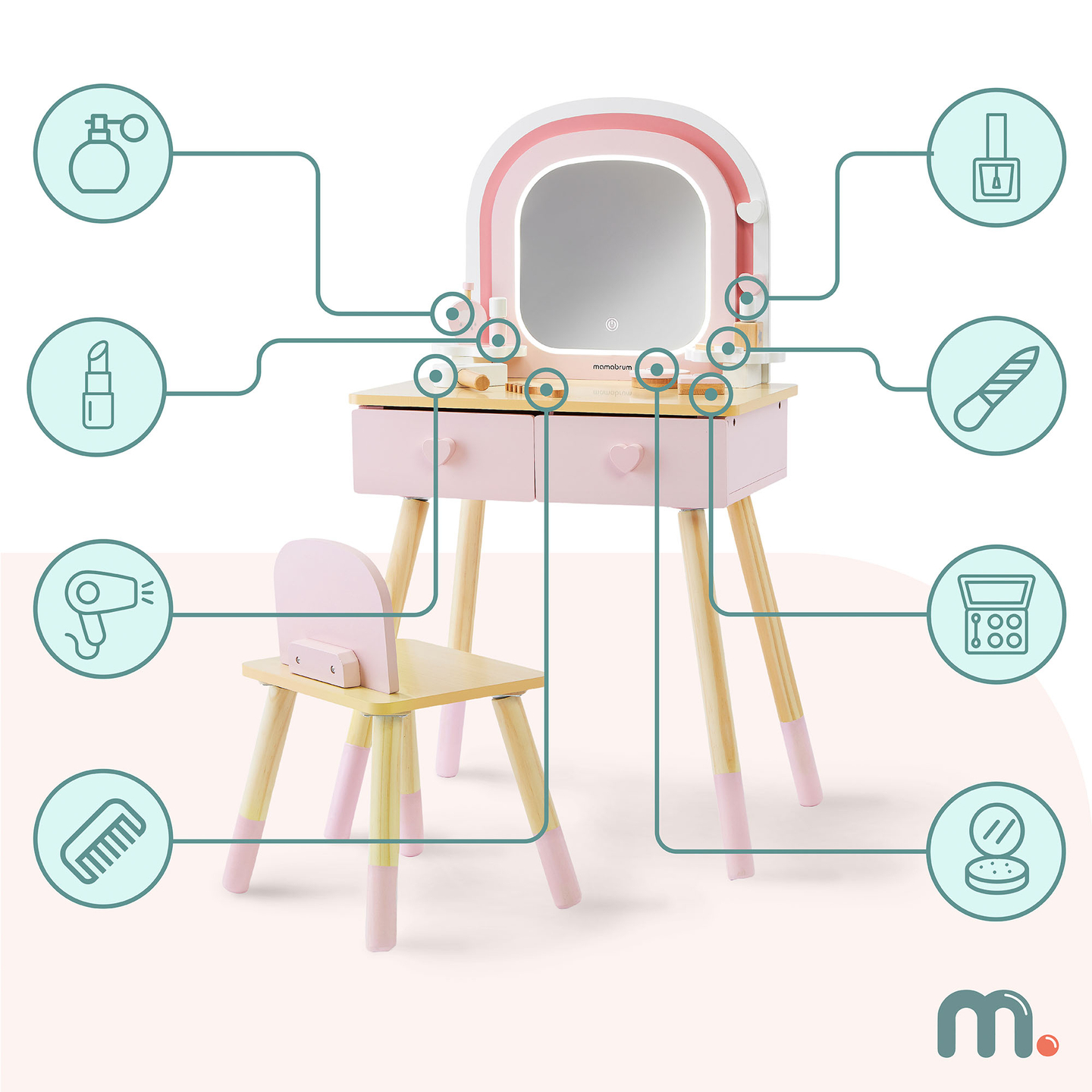 Fa fésülködőasztal gyerekeknek LED világítással, fokozatmentes fényerő-szabályozással, székkel és kiegészítőkkel