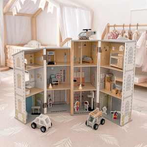 Nagy összecsukható tűzoltóállomás rendőrőrssel - fából készült készlet. Tűzoltóállomás és rendőrőrs tartozékokkal.