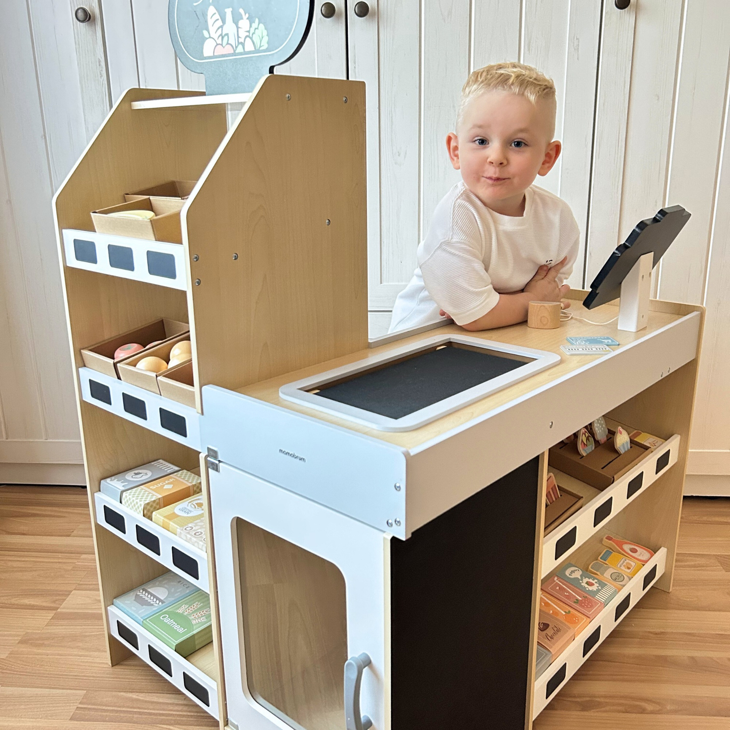 Fából készült zöldségpiac - nagy XXL bódé, bolt játék pénztárgéppel