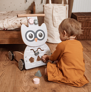 Fából készült multifunkciós járókeret - tolókocsi - babakocsi blokkokkal - Bagoly