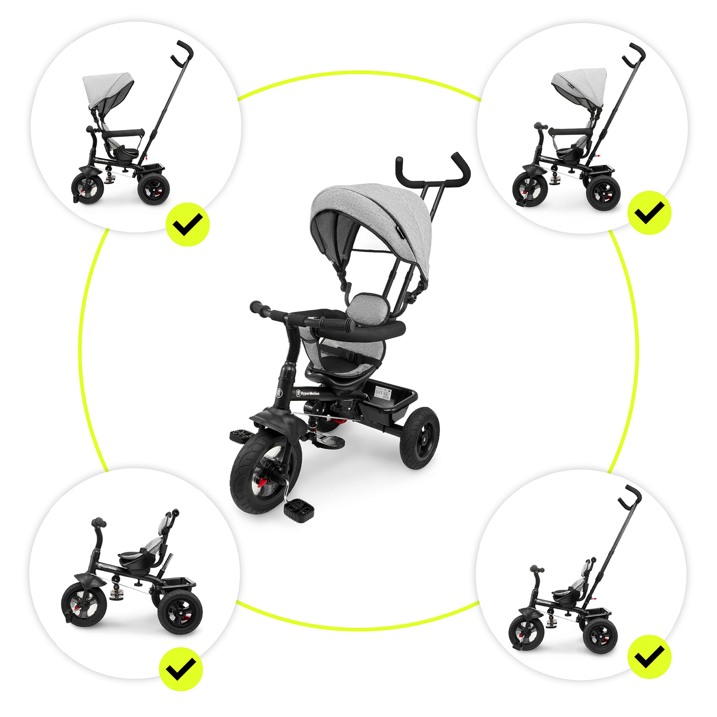 Háromkerekű gyerekeknek 1-4 éves korig - TOBI FREY - szürke színű - forgatható - pumpás kerekek + tolóerő