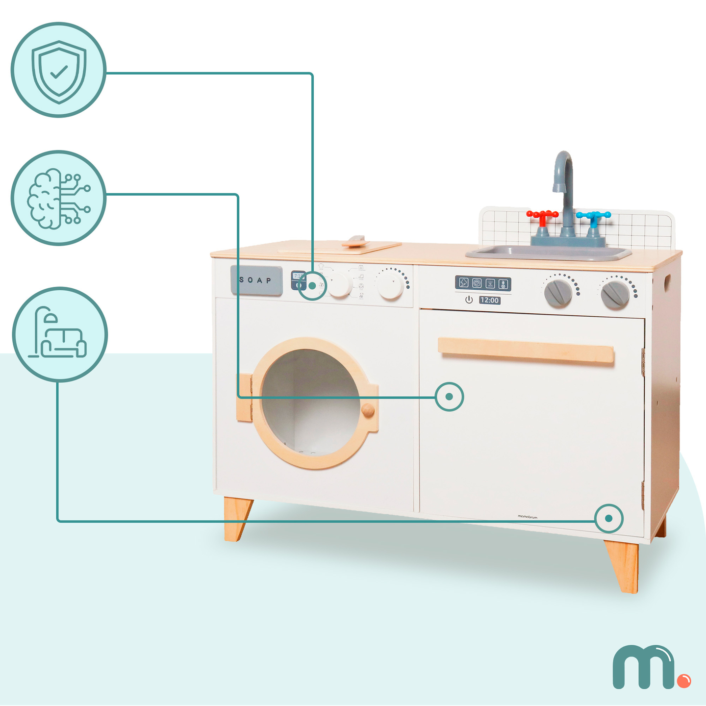 Fából készült mosoda és konyha - 2 az 1-ben otthoni szett gyerekeknek