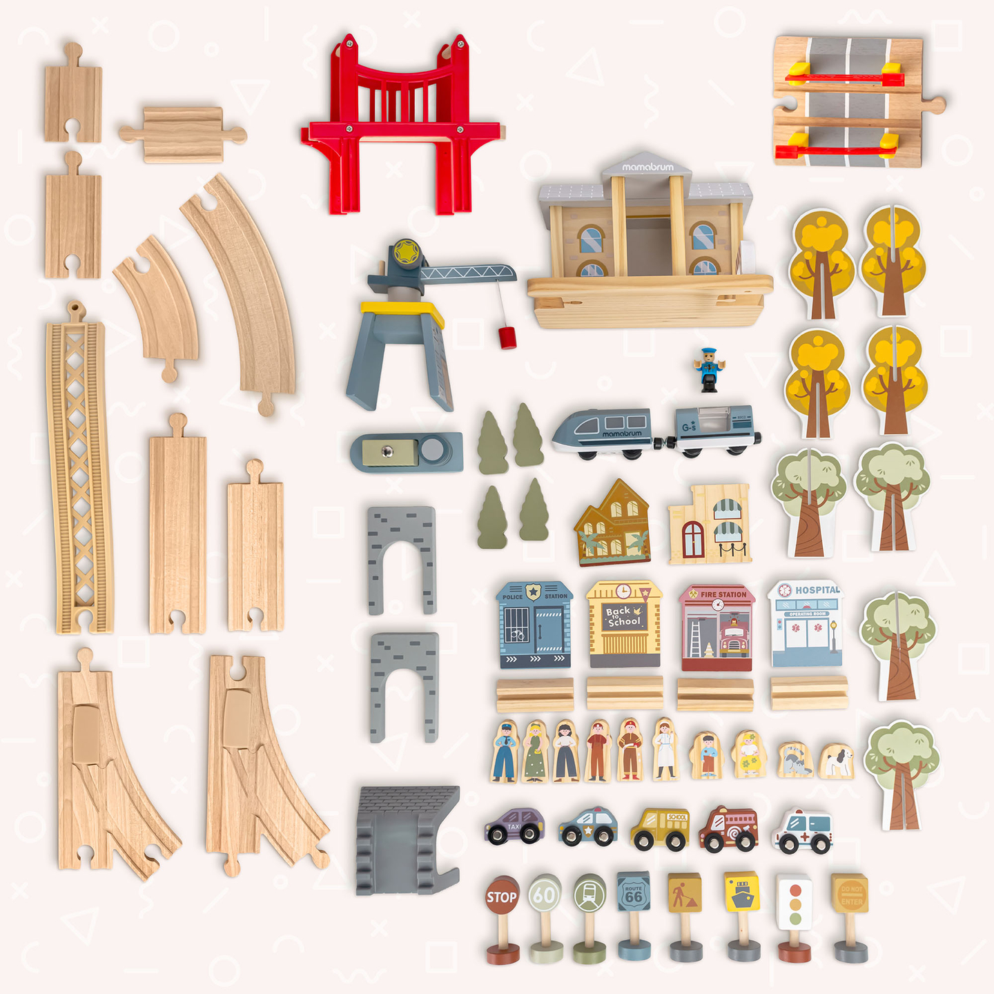 Fából készült városi vasút elektromos vonattal - mozgó daru, hajó, hidak