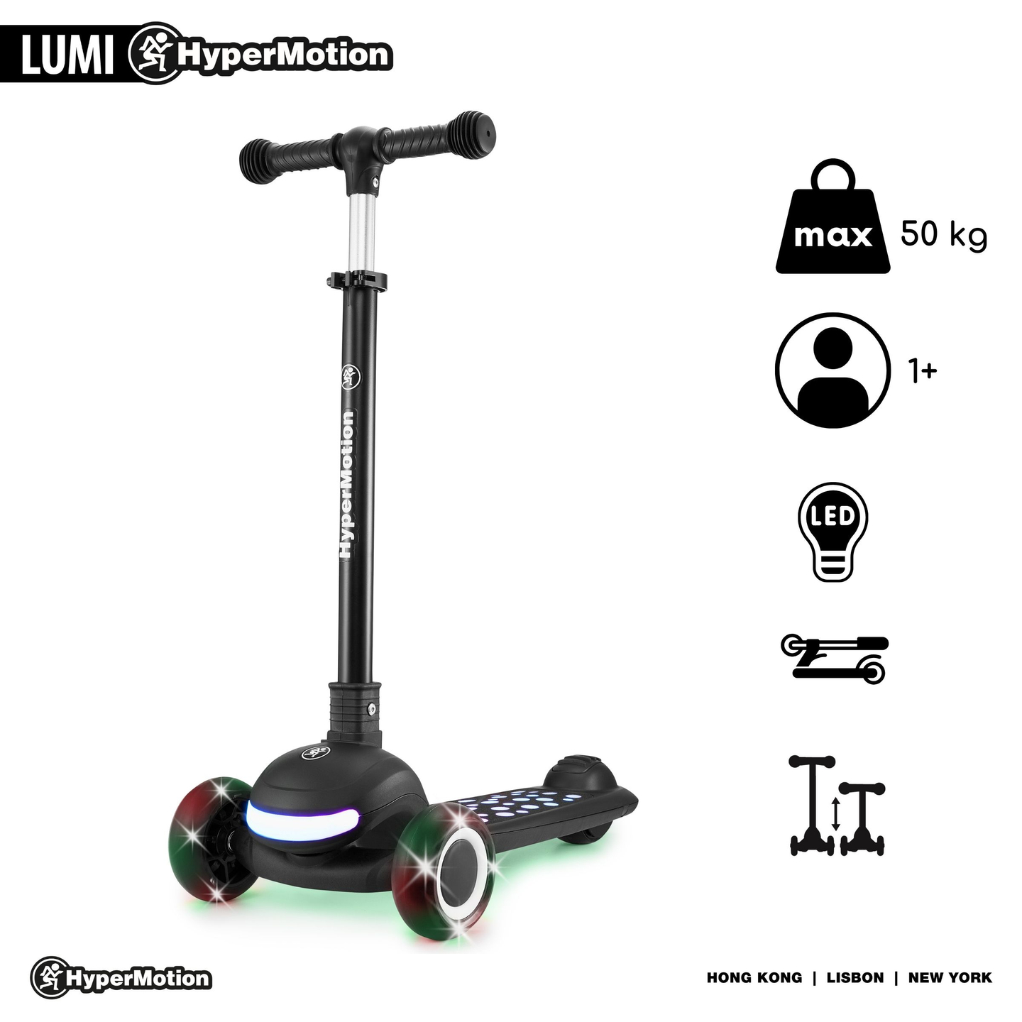 HyperMotion LUMI 3 az 1-ben egyensúlyozó roller - megvilágított platform és LED kerekek, fekete színben