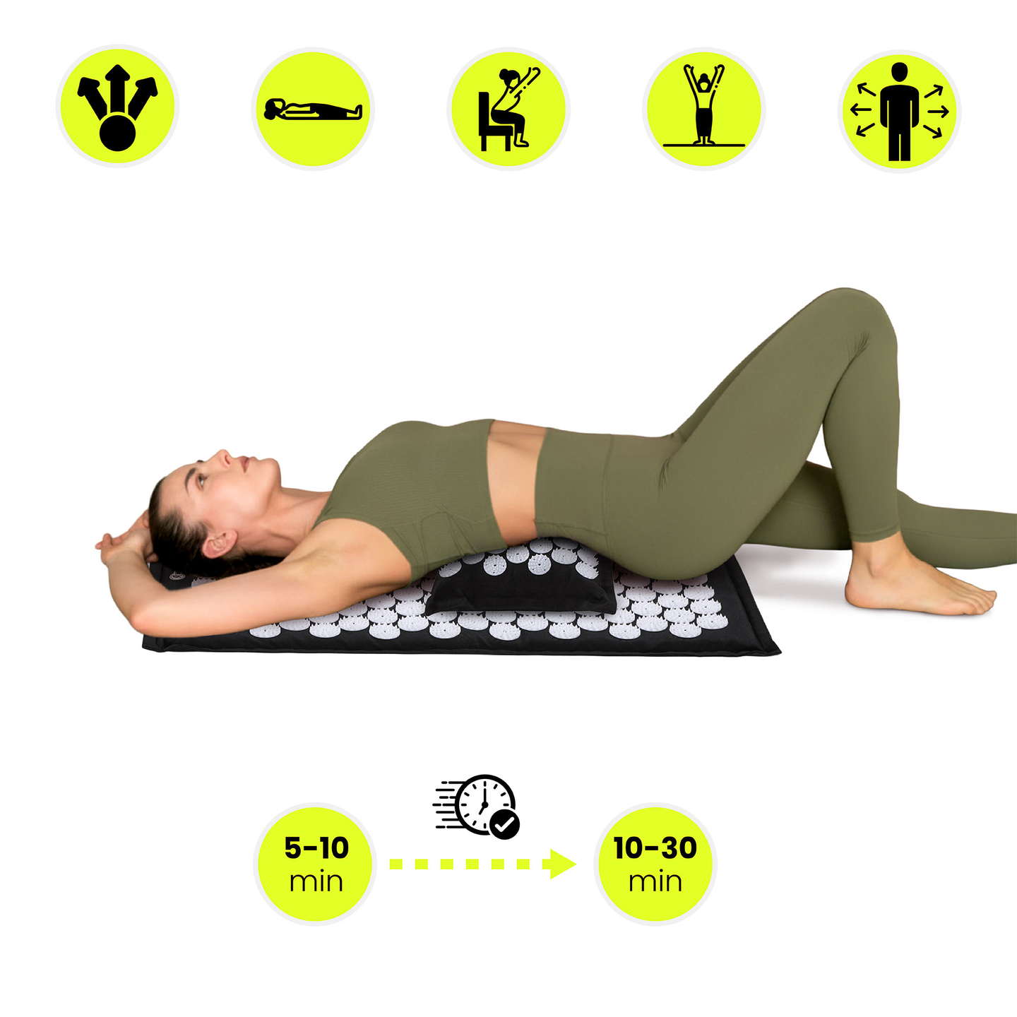 Öko vászon akupresszúrás szőnyeg kókuszrosttal és hajdinapárnával – 68 cm HyperMotion fekete-fehér