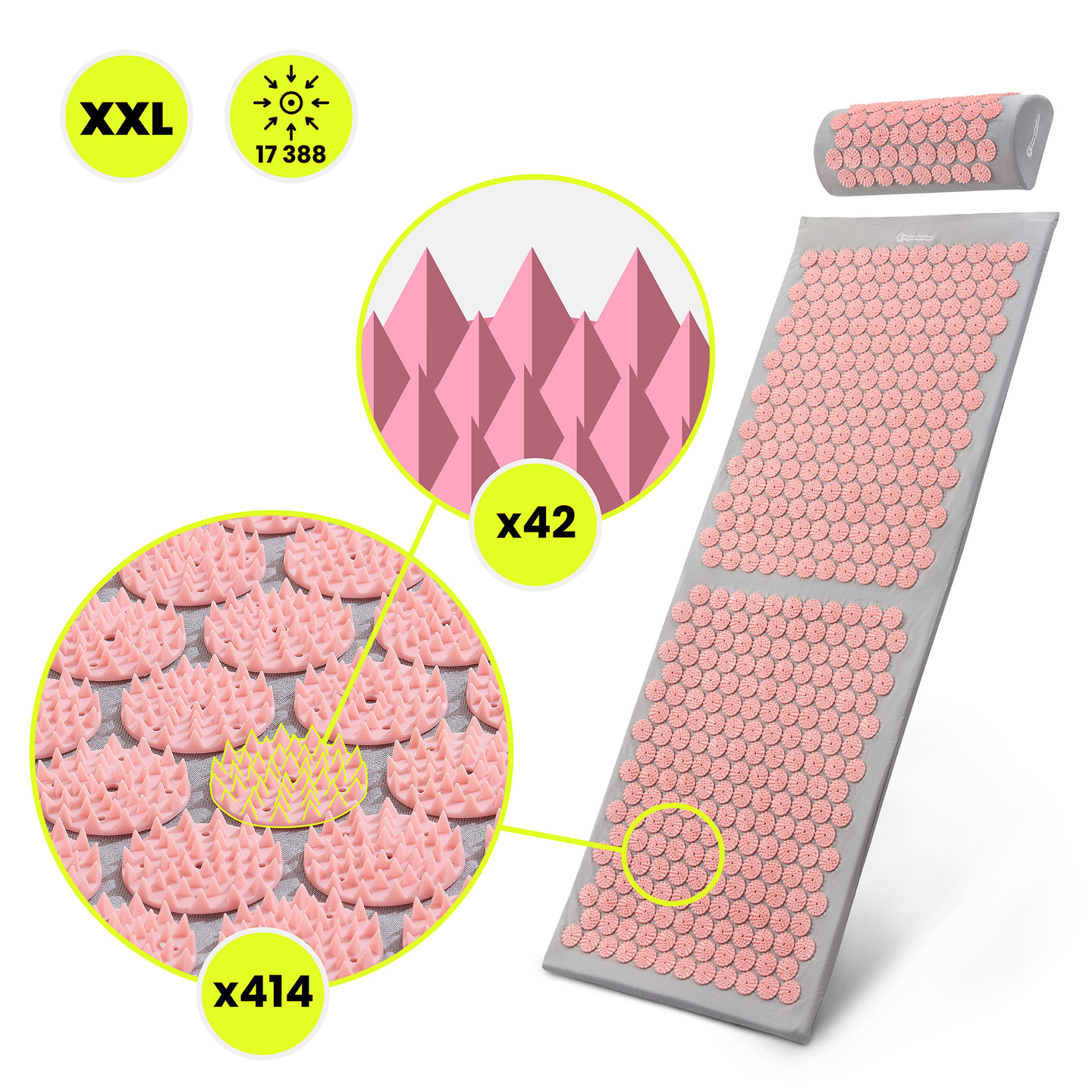 Nagy akupresszúrás szőnyeg párnával és huzattal - 130 cm HyperMotion szürke és rózsaszín