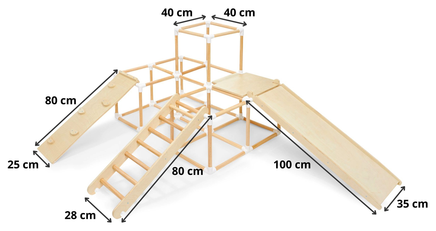 Nagy, fából készült, hazai XXL játszótér - csúszda, létra, mászófal, mászókockák