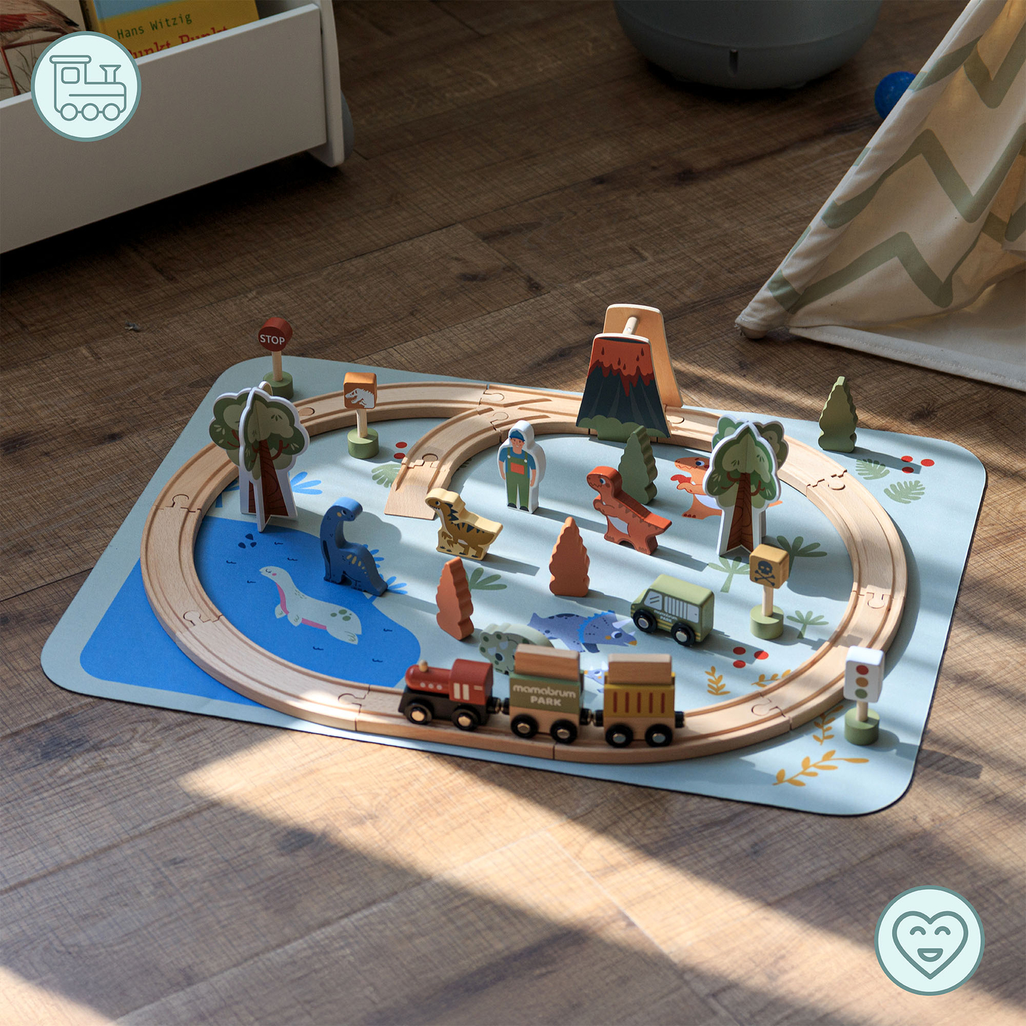 Dino Park fa vonat csúszásgátló szőnyeggel - dinoszauruszok, vonat, sínek, vulkán, harang