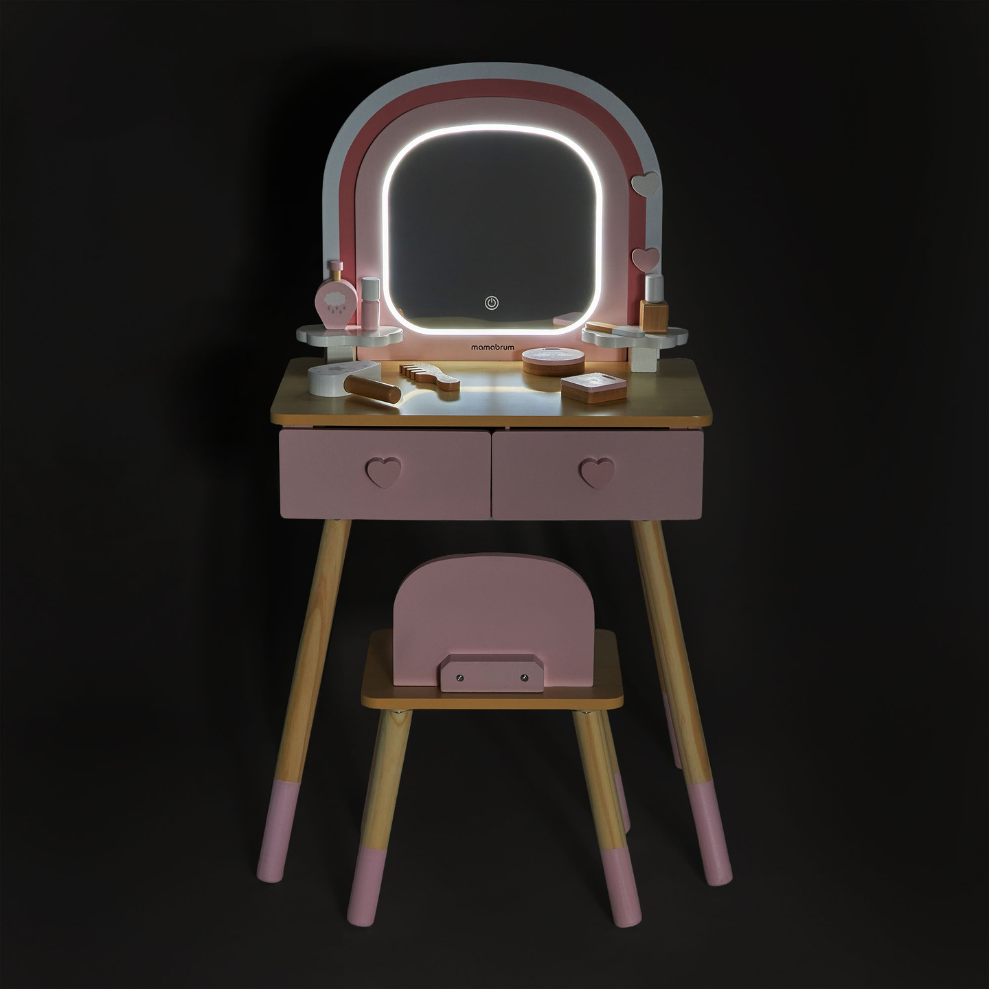 Fa fésülködőasztal gyerekeknek LED világítással, fokozatmentes fényerő-szabályozással, székkel és kiegészítőkkel