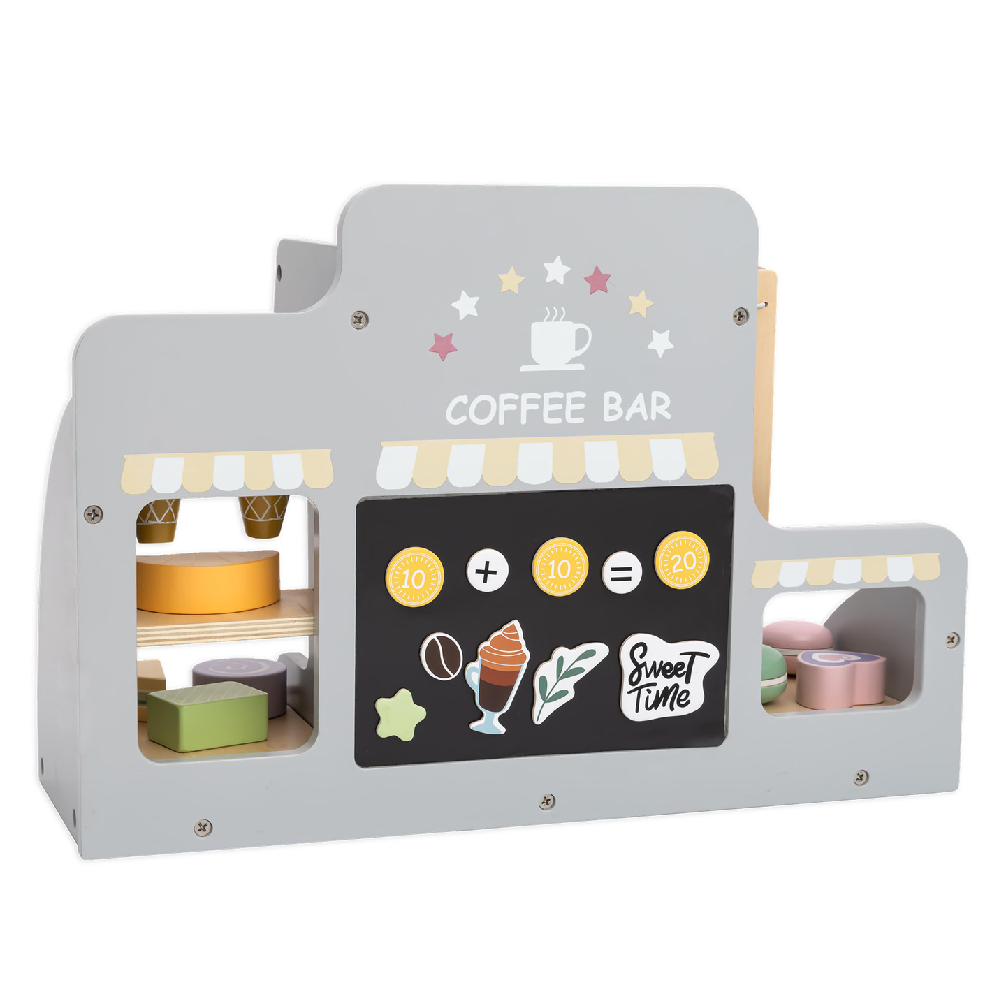 Nagyméretű, fából készült fagylaltozó mágneses táblával, kávéfőzővel, fagylalt- és desszertkészlettel - több mint 70 darab!