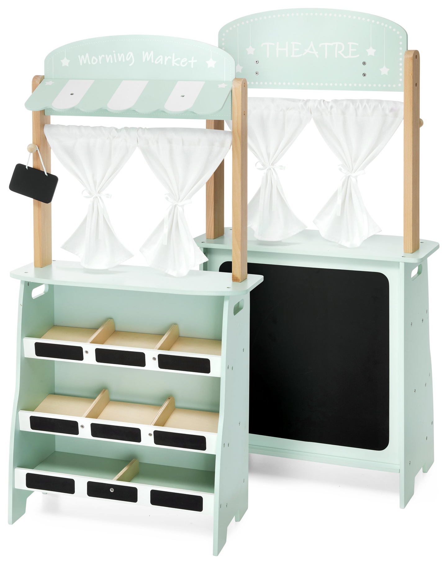 Nagy fa üzlet - bódé és színház 2 az 1-ben, mérleggel, fizetési terminállal, gyümölcsökkel és zöldségekkel