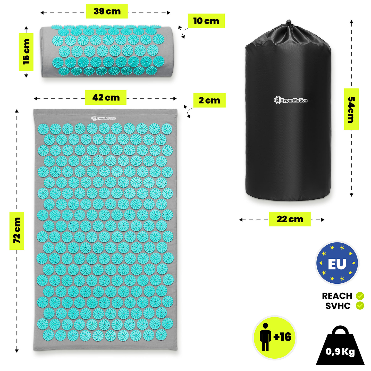 Akupresszúrás szőnyeg párnával és huzattal - 72 cm HyperMotion szürke-menta