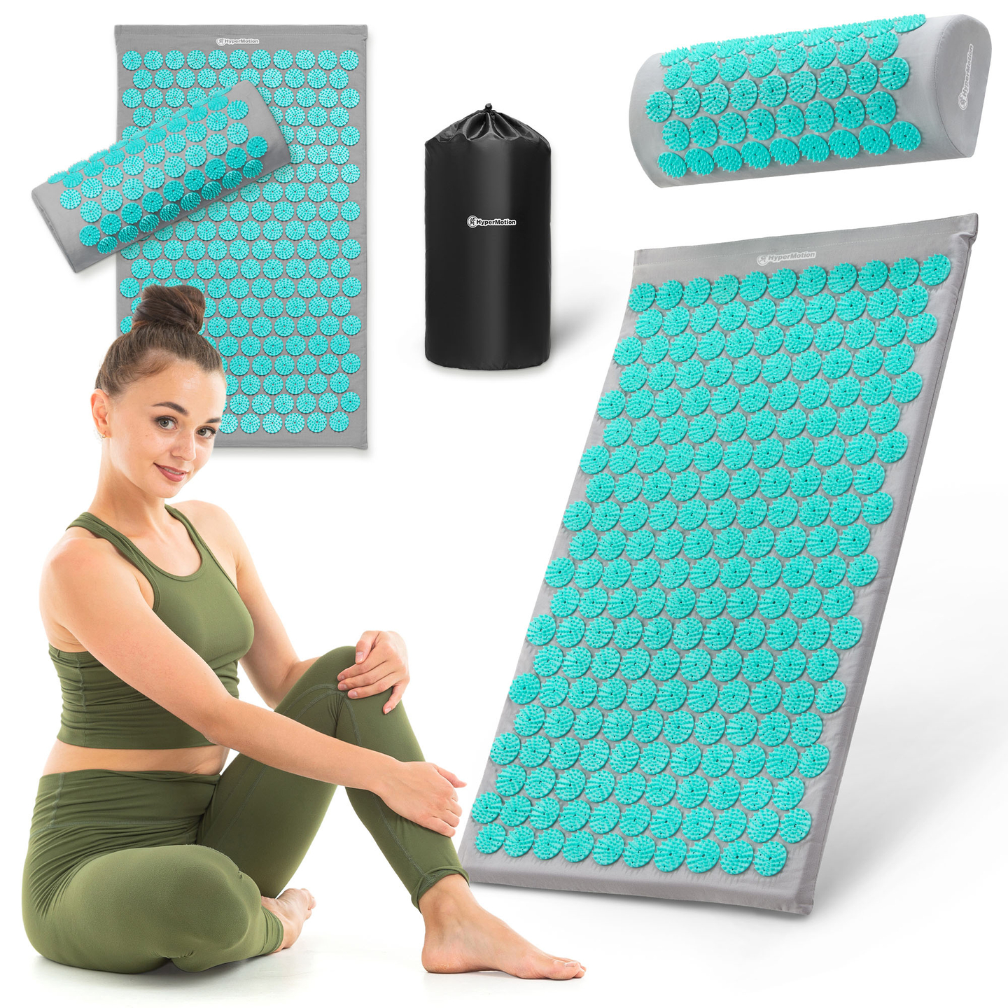 Akupresszúrás szőnyeg párnával és huzattal - 72 cm HyperMotion szürke-menta