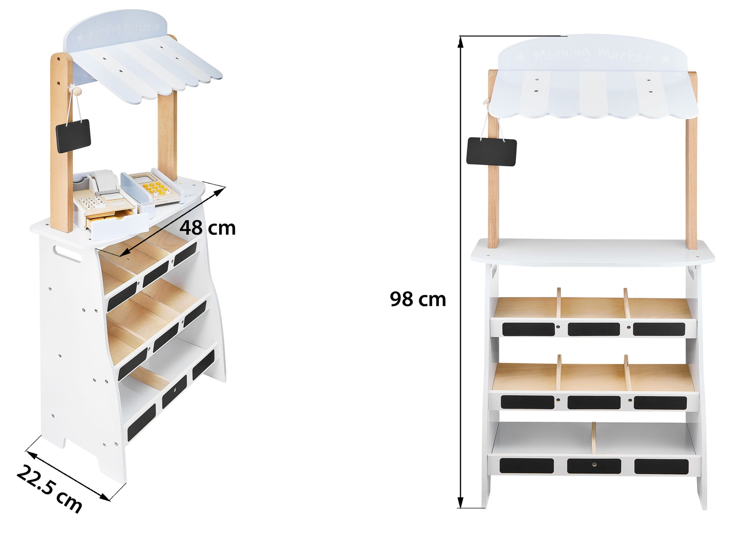 Zöldségbolt - fából készült bódé ládákkal, pénztárgéppel és terminállal