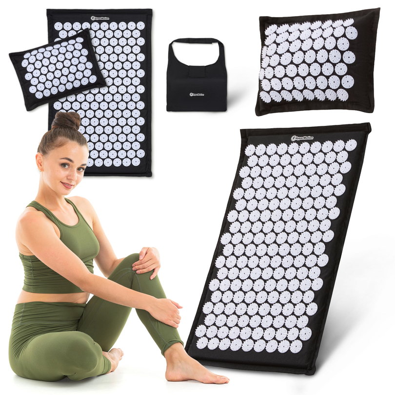 Öko vászon akupresszúrás szőnyeg kókuszrosttal és hajdinapárnával – 68 cm HyperMotion fekete-fehér