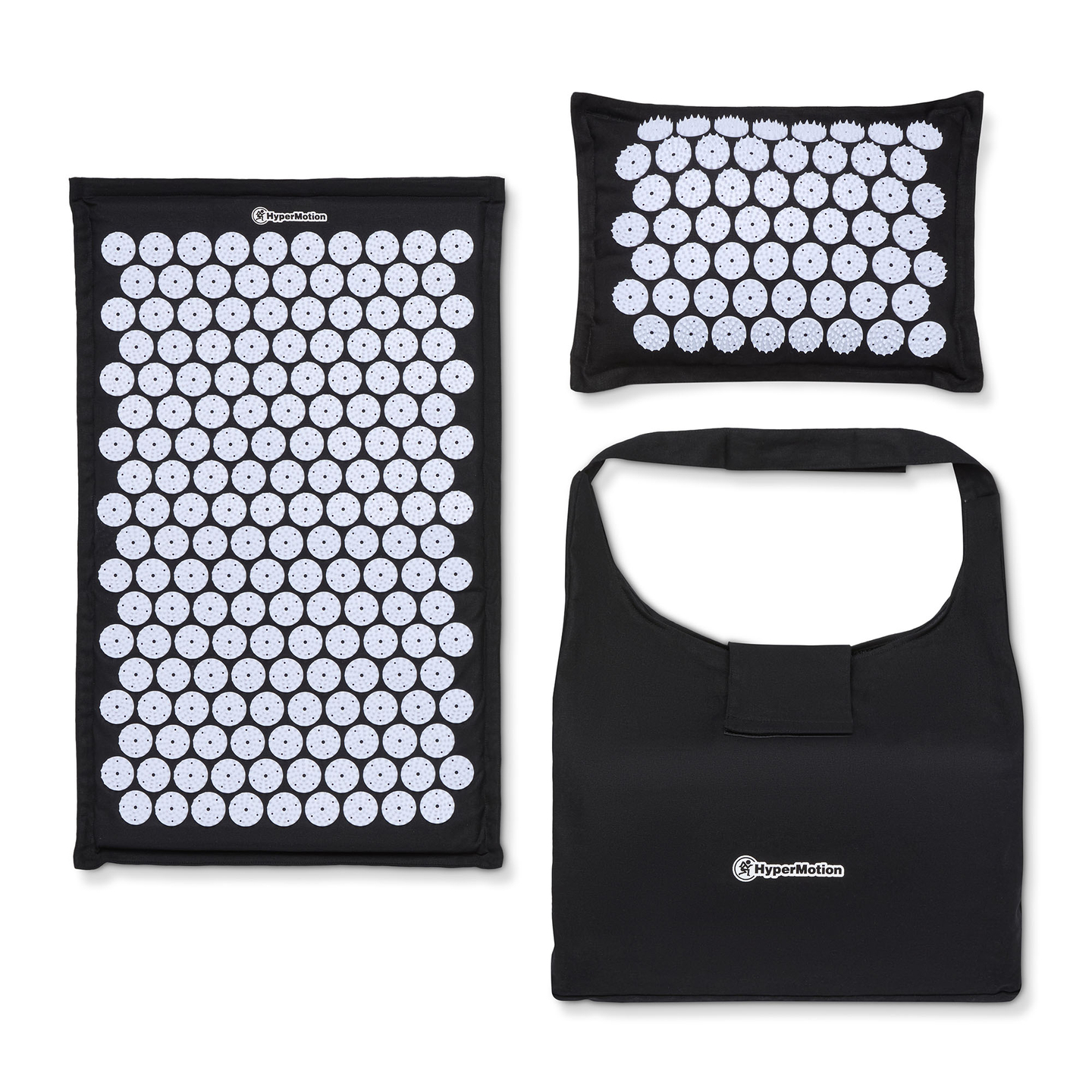 Öko vászon akupresszúrás szőnyeg kókuszrosttal és hajdinapárnával – 68 cm HyperMotion fekete-fehér