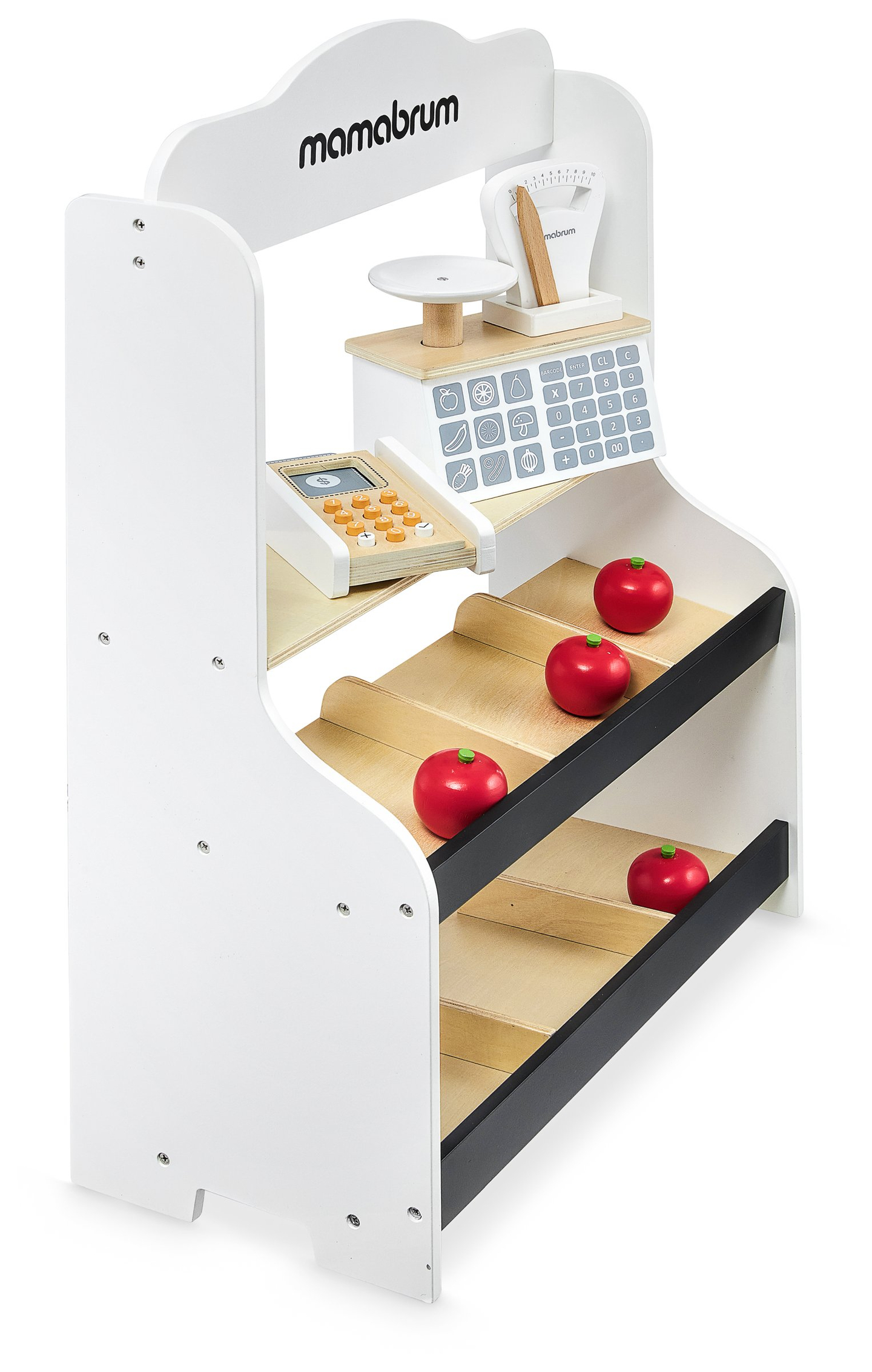 Mini market - bolt mérleggel, terminállal, fizetési kártyával és gyümölcsökkel