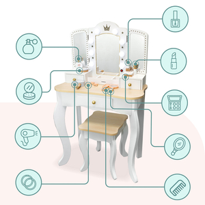 XXL fából készült öltözőasztal székkel és LED világítással gyerekeknek + tartozékok