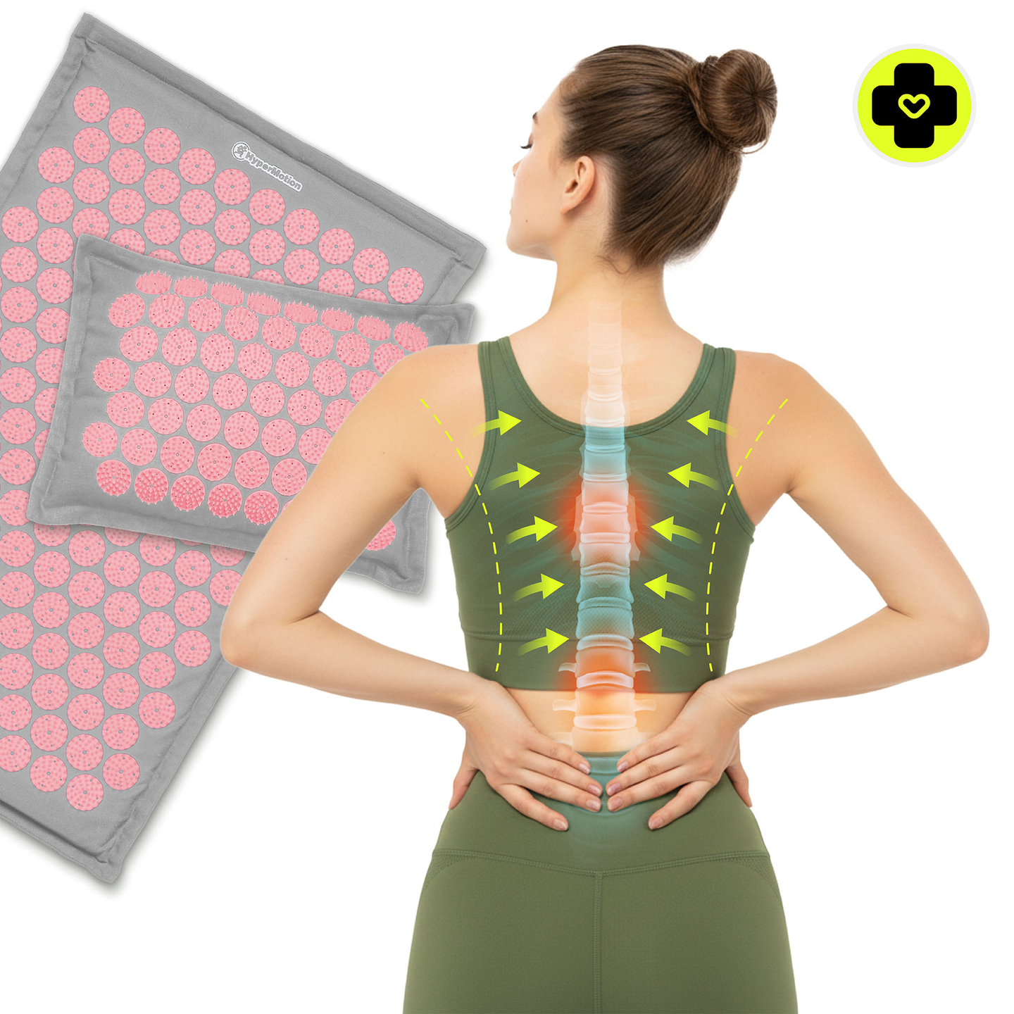 Öko vászon akupresszúrás szőnyeg kókuszrosttal és hajdinapárnával – 68 cm HyperMotion szürke és rózsaszín