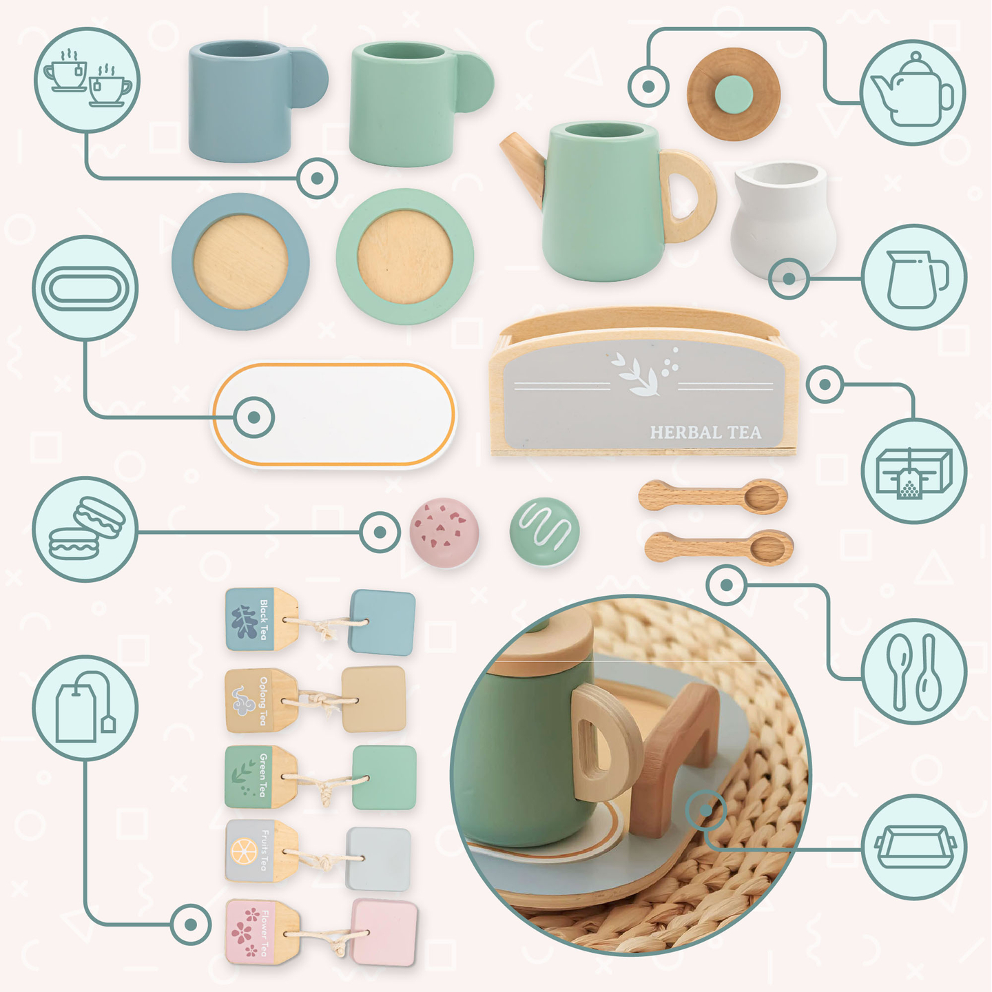 Nagy fa teáskészlet tálcával - 18 db