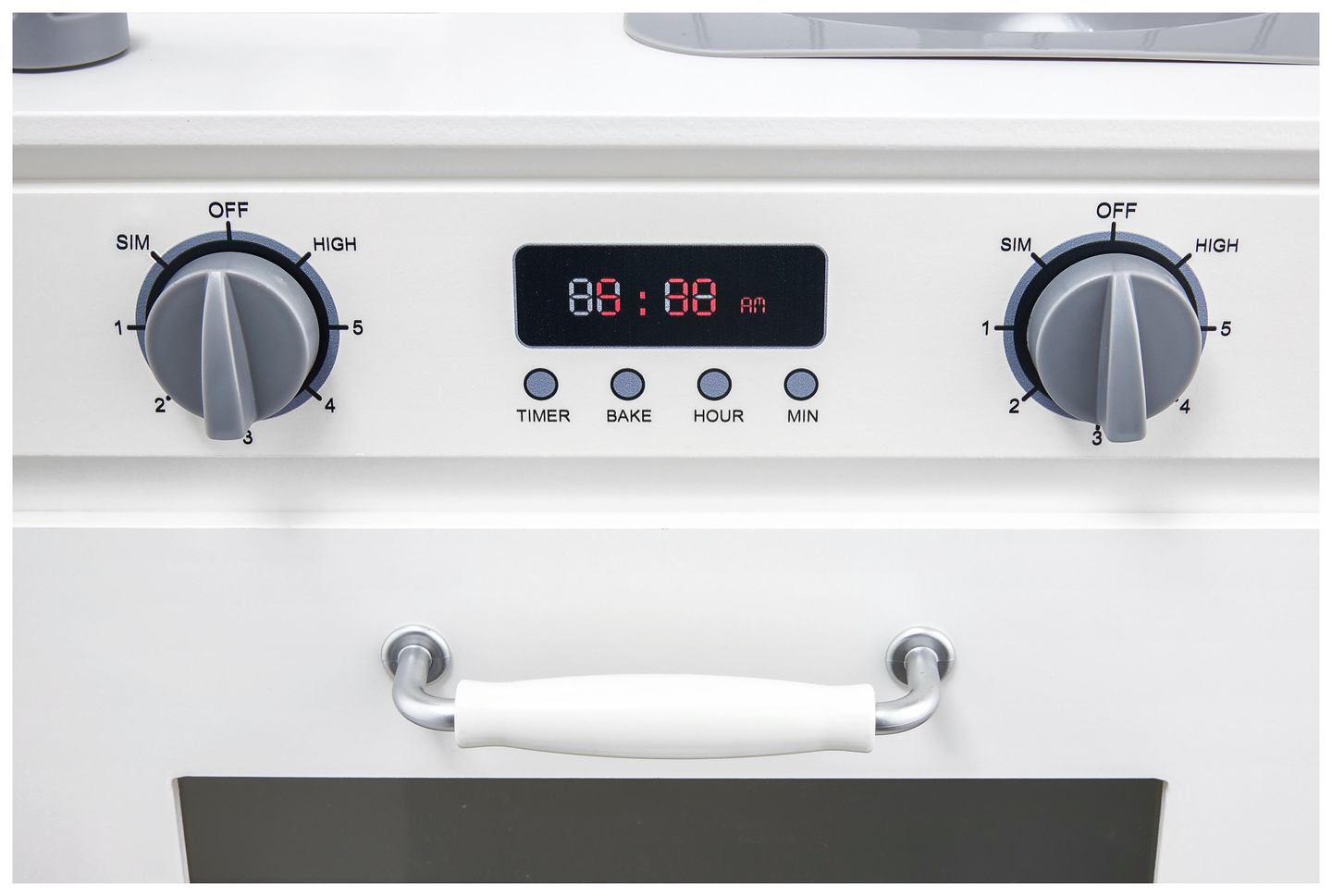 Fehér fa konyha köténnyel, kiegészítőkkel és LED lámpával