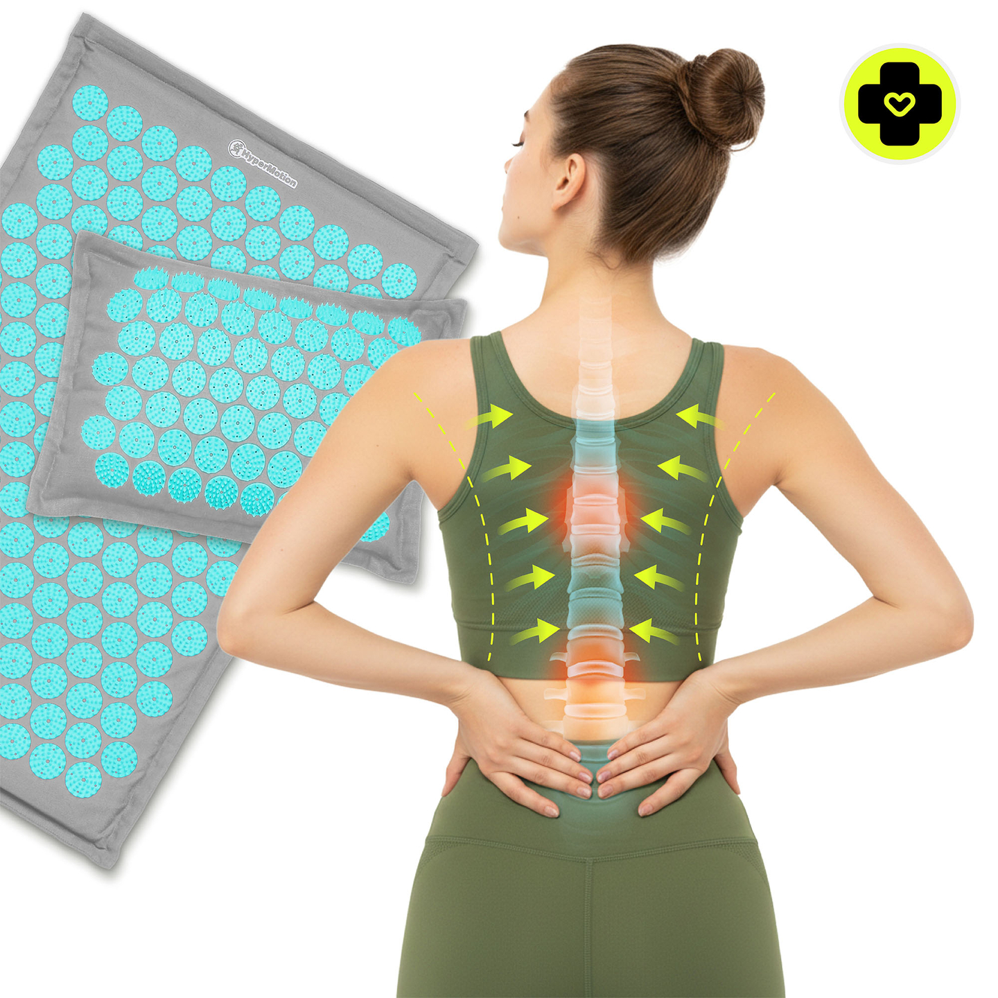 Öko vászon akupresszúrás szőnyeg kókuszrosttal és hajdinapárnával – 68 cm HyperMotion szürke-menta