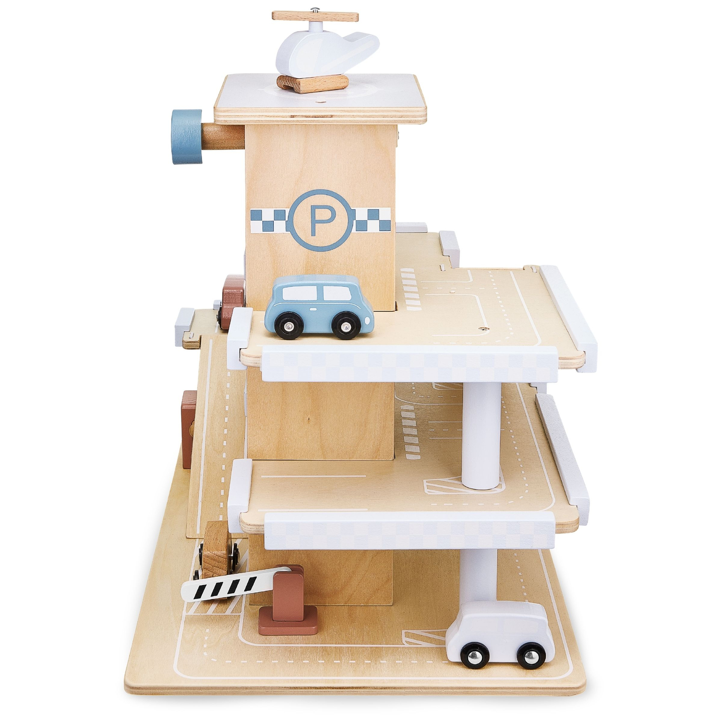 Háromszintes, fából készült parkoló lifttel - garázs autókkal és helikopterrel