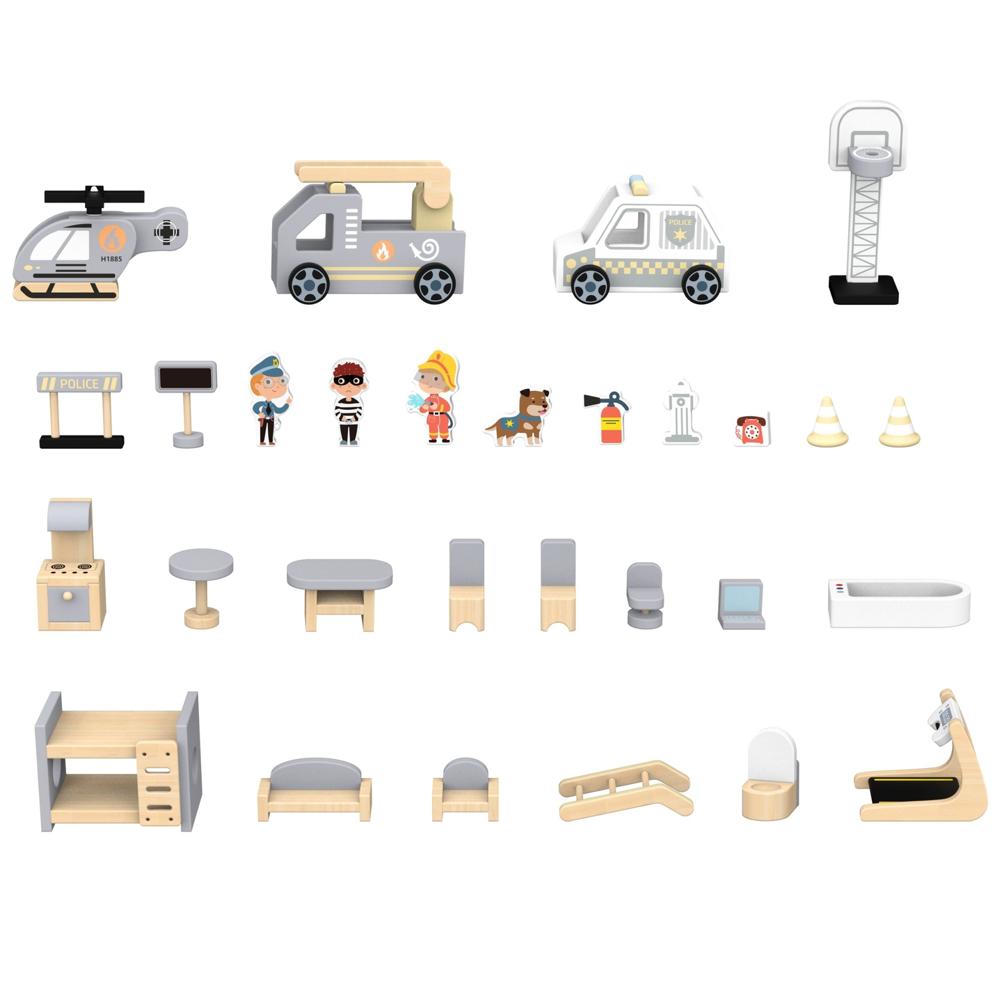 Nagy összecsukható tűzoltóállomás rendőrőrssel - fából készült készlet. Tűzoltóállomás és rendőrőrs tartozékokkal.