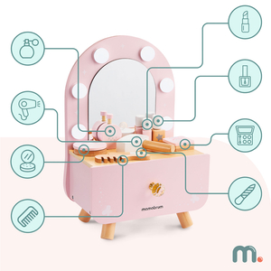 Fa mini fésülködőasztal gyerekeknek kiegészítőkkel és LED világítással, fokozatmentes fényerő-szabályozással