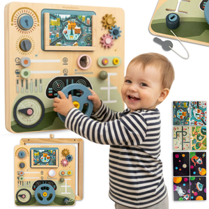 Fa Montessori tábla 2 az 1-ben vezetőfülke a kis sofőrnek és pilótának – kormánykerék, sebességváltó, útitérképek, radar