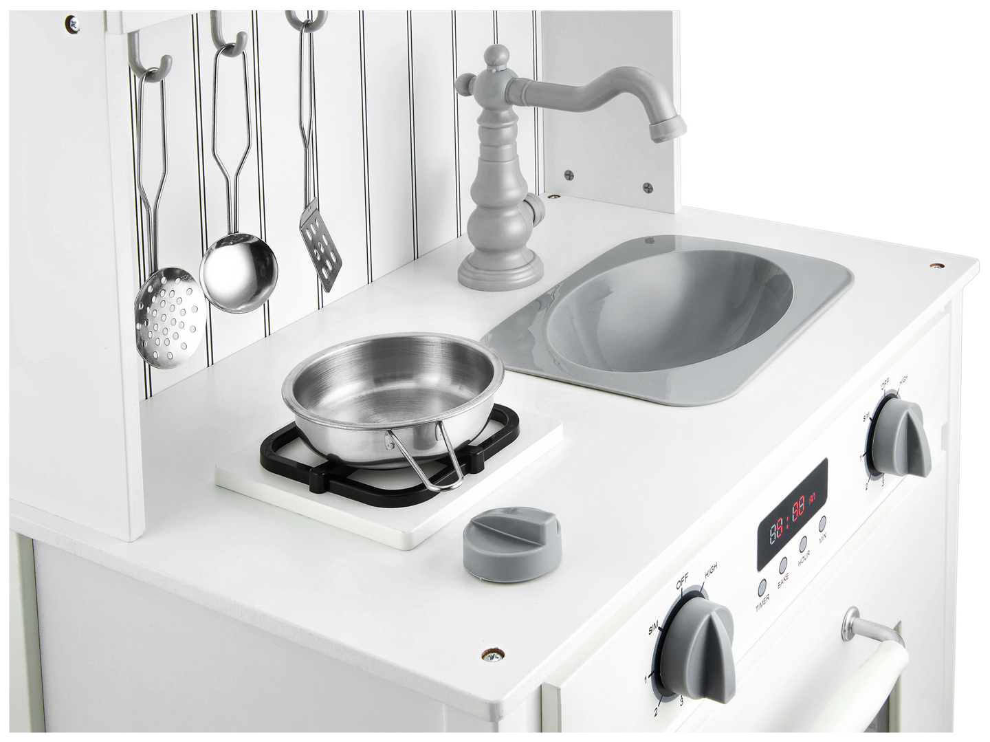 Fehér fa konyha köténnyel, kiegészítőkkel és LED lámpával