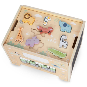 Fából készült manipulatív doboz - Montessori tábla állatfigurákkal és ülőkével