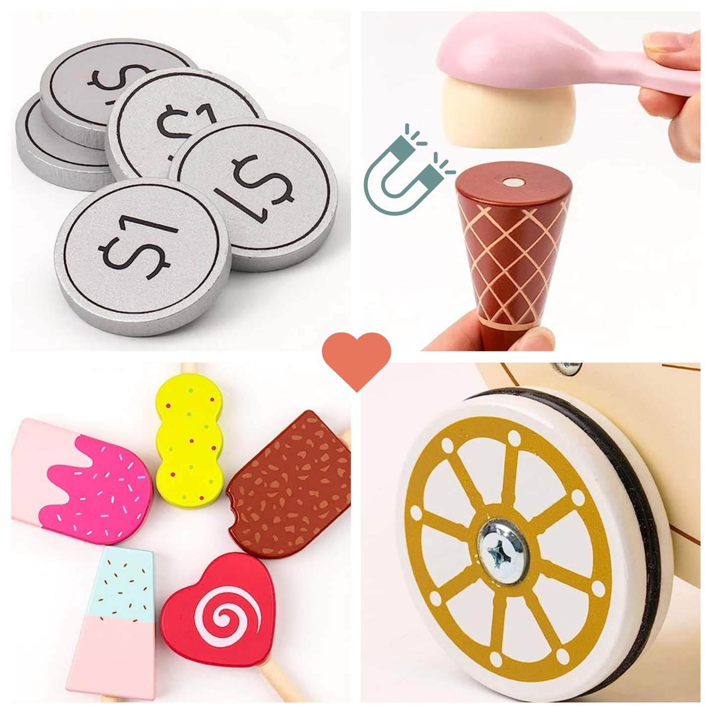 Fából készült fagylaltozó gyerekeknek - kerekes kocsi tartozékokkal