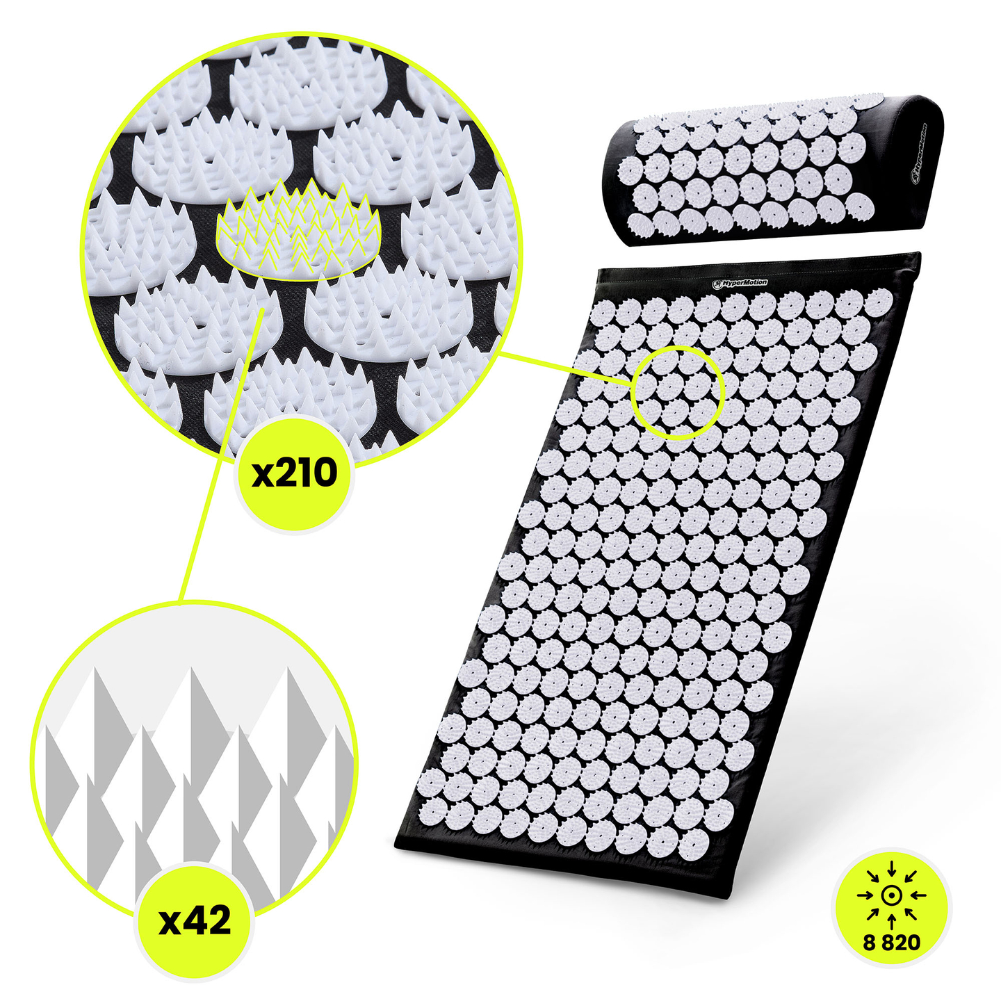 Akupresszúrás szőnyeg párnával és huzattal - 72 cm HyperMotion fekete-fehér