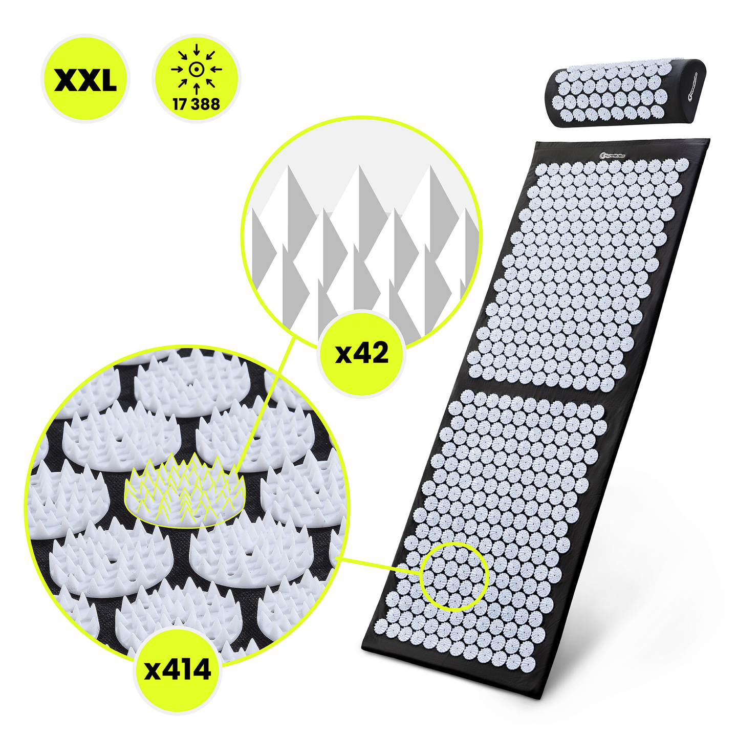 Nagy akupresszúrás szőnyeg párnával és huzattal - 130 cm HyperMotion fekete-fehér
