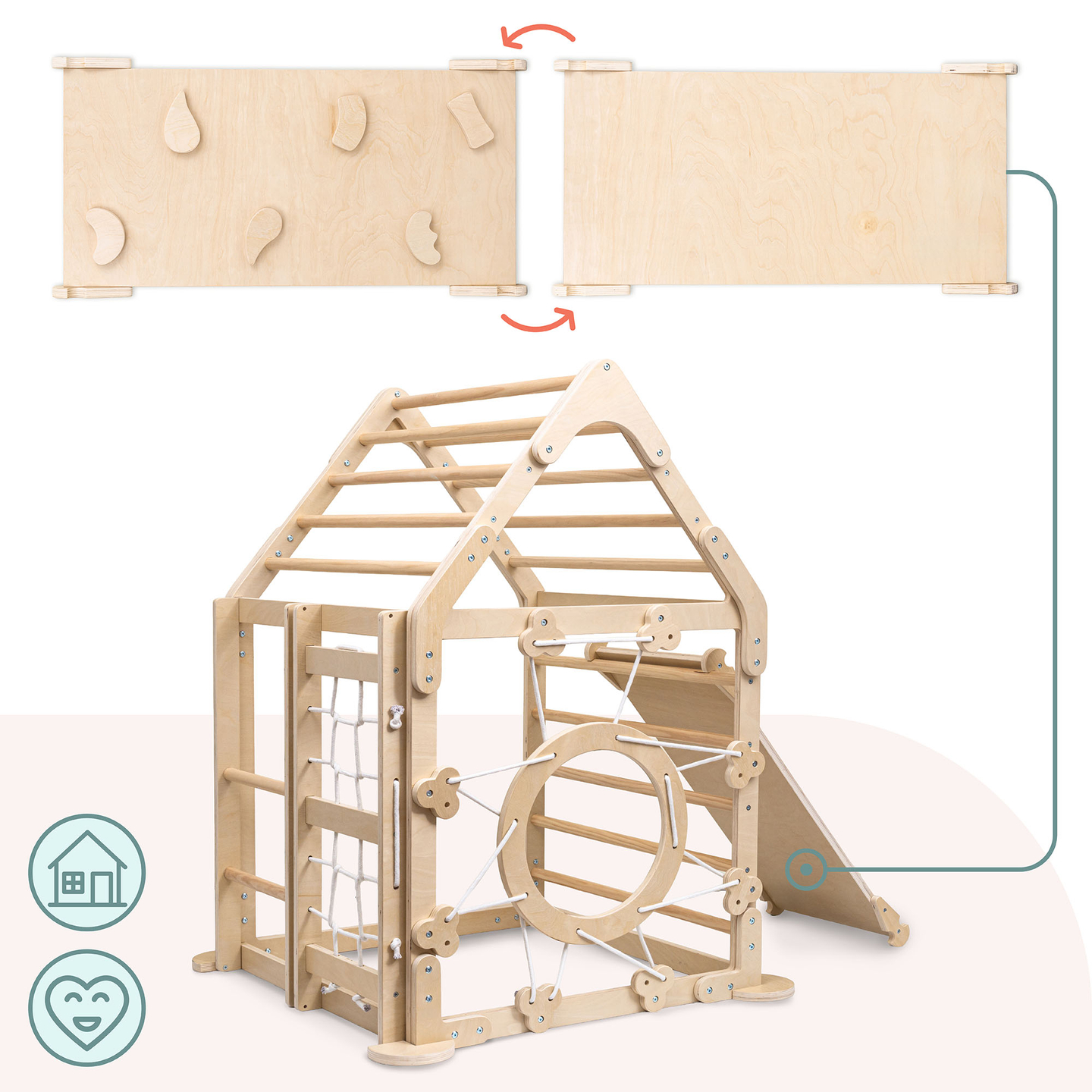 Fedett játszótér gyerekeknek - egy ház létrákkal és csúszdával