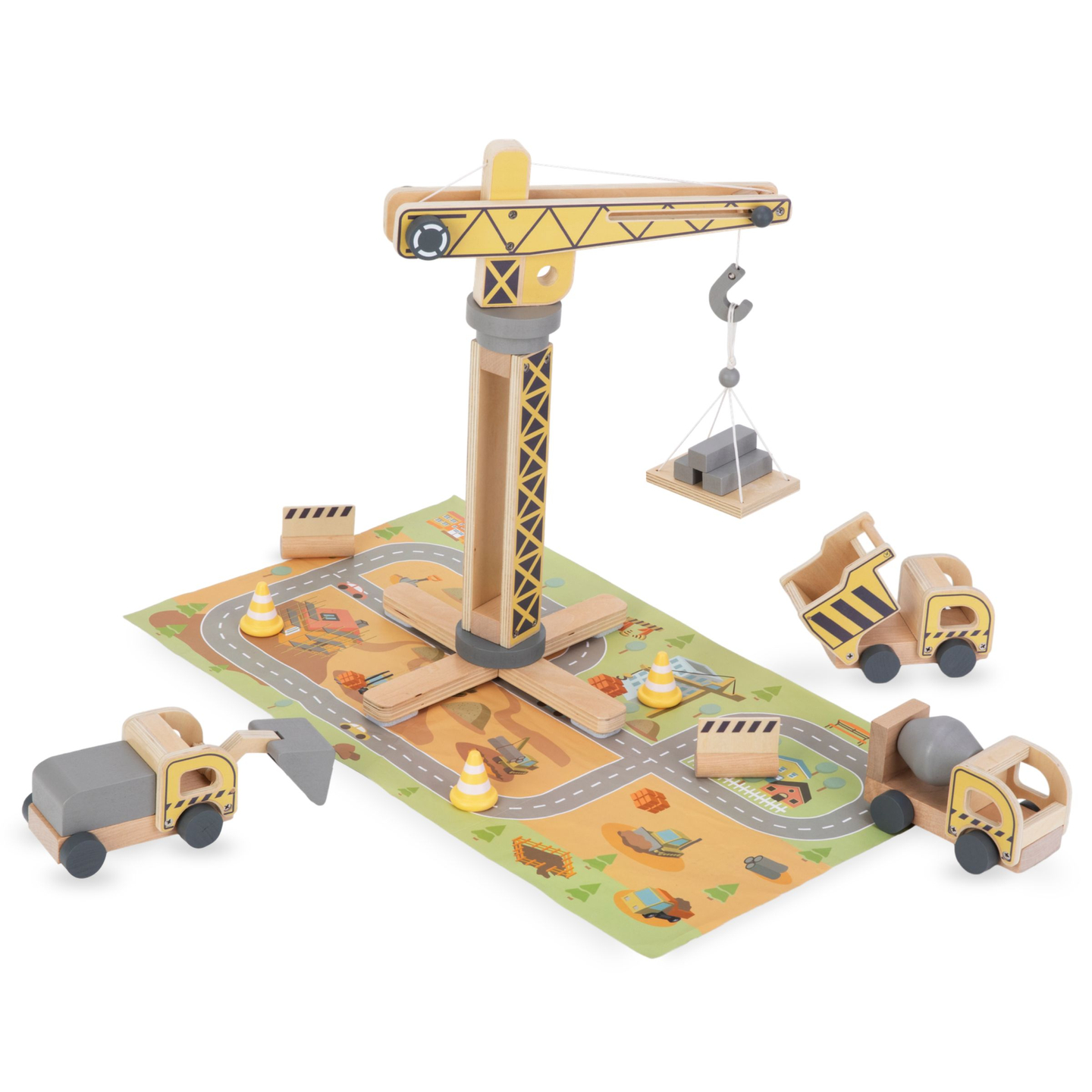 Fából készült építkezés nagy mobil daruval és járművekkel, toronydaruval