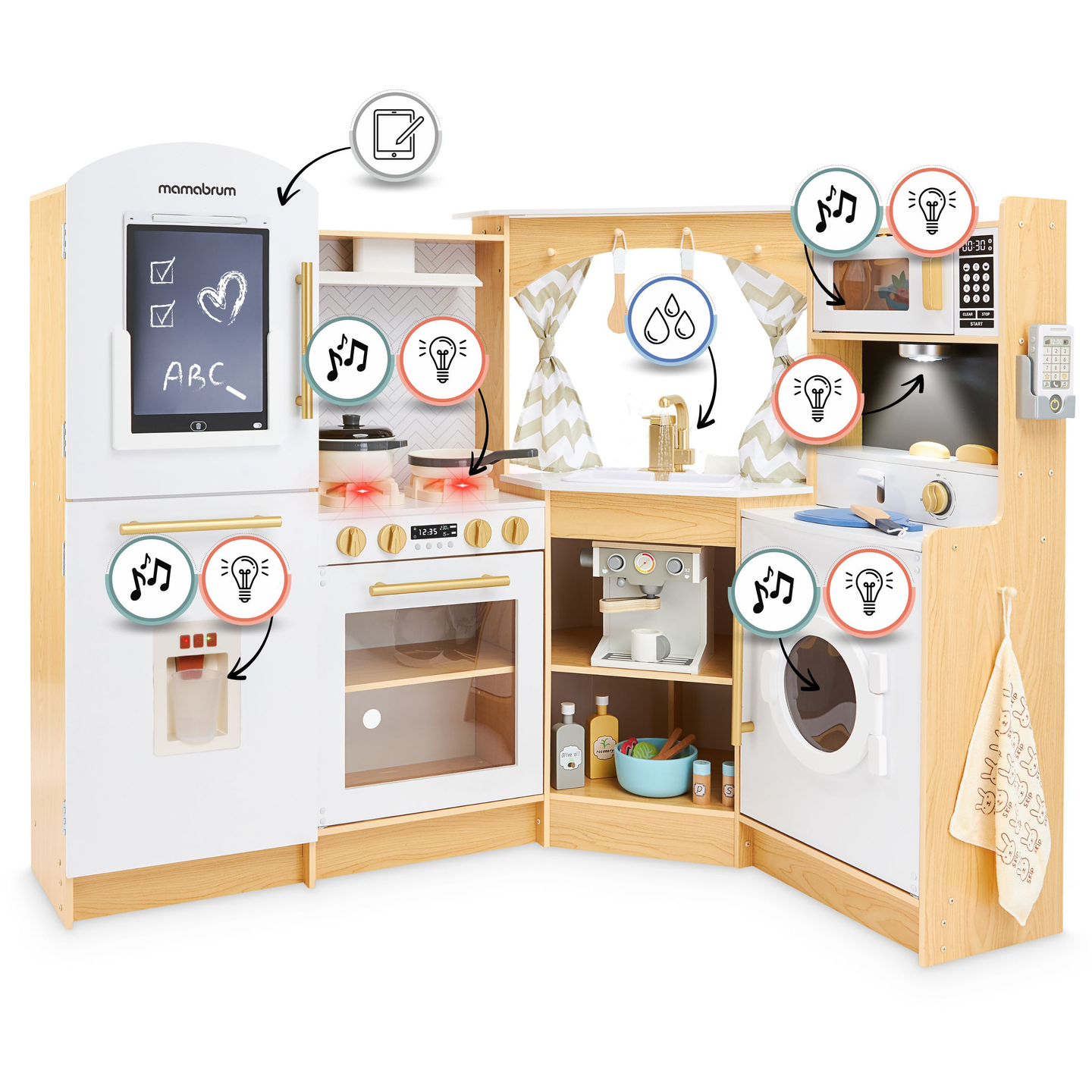 XXXXL nagy, fából készült interaktív konyha LED világítással, mosógép mikrohullámú kávéfőzővel, zöldség- és gyümölcskészlettel - 50 elemmel