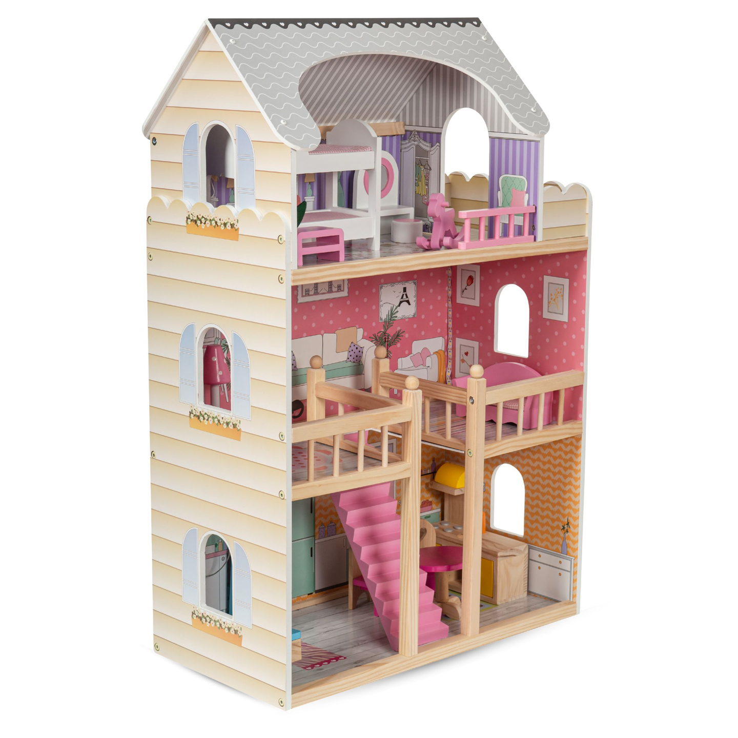 Nagyméretű, 3 szintes, fából készült babaház terasszal, bútorszettel és LED világítással!