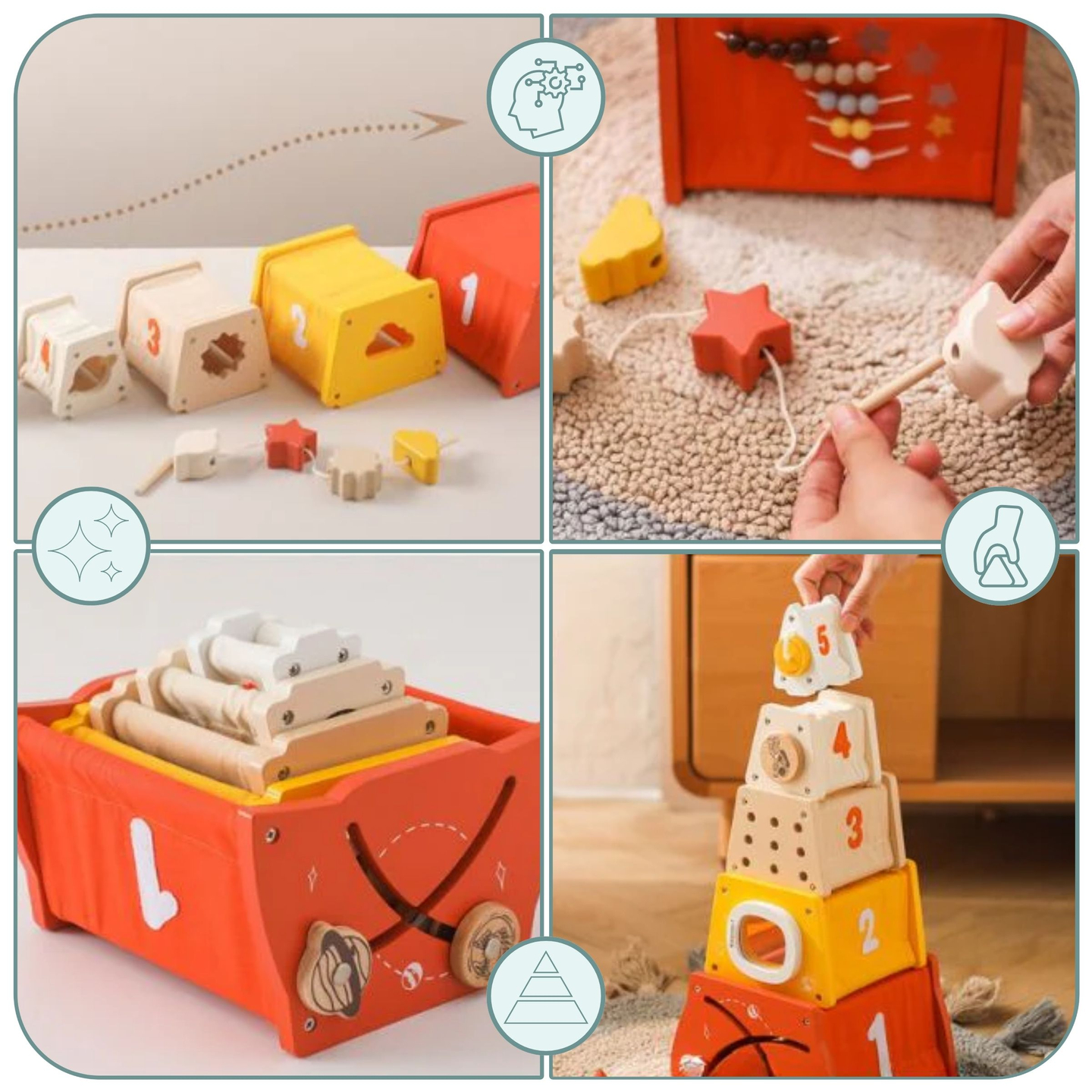 Montessori oktatási fa piramis - formaszortírozó, labirintus, számok