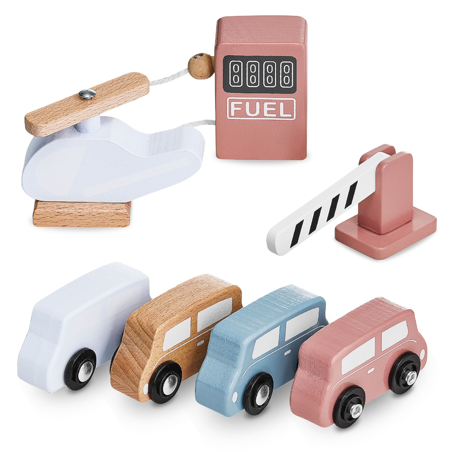 Háromszintes, fából készült parkoló lifttel - garázs autókkal és helikopterrel